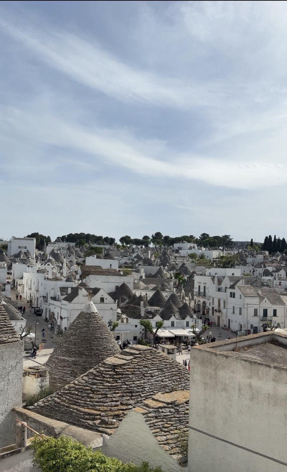 Rooftop view over Alberobello, Puglia, with dozens of conical stone trulli roofs and whitewashed walls
